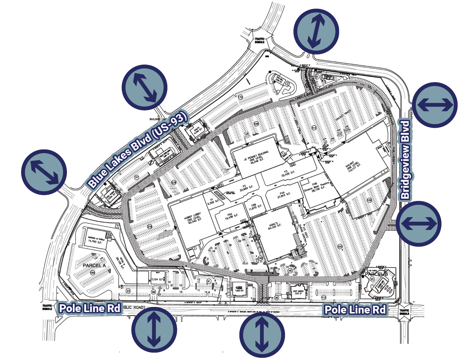 Business access during construction indicates two access points on Blue Lakes Boulevard, and Pole Lane Road. Three access points are present on Bridgeview Boulevard.